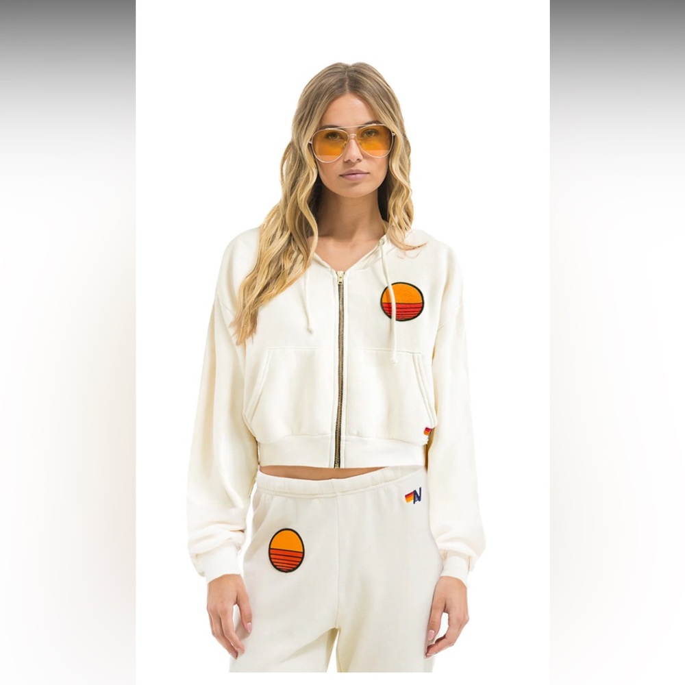 Aviator Nation SUNSET PATCH RELAXED CROPPED ZIP HOODIE - VINTAGE WHITE